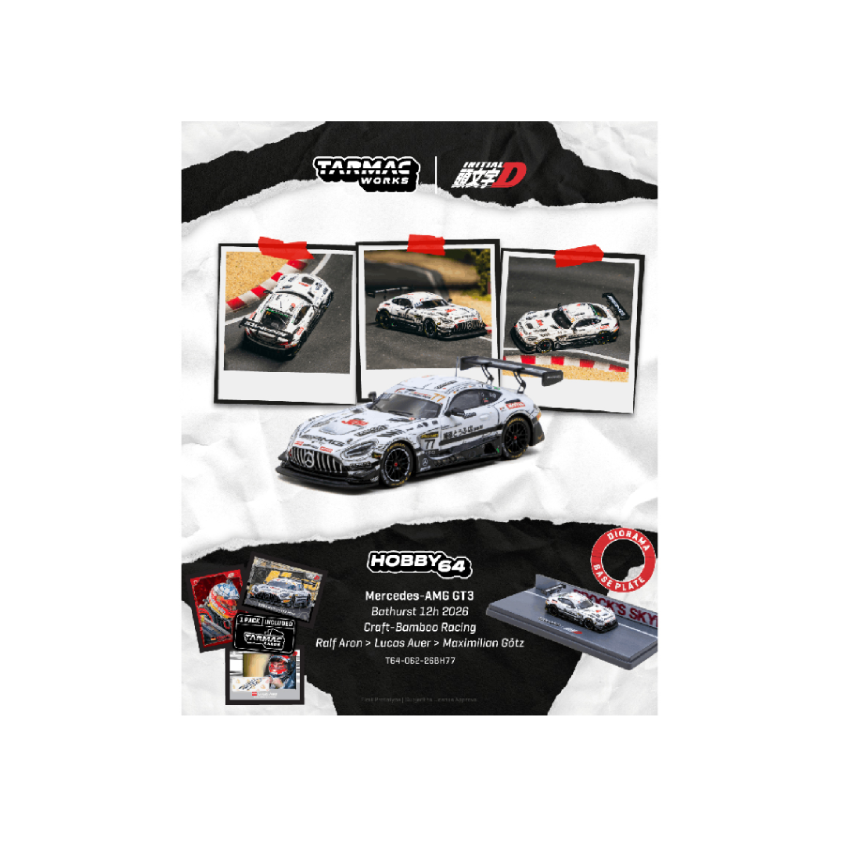 Tarmac Works Mercedes-AMG GT3 Bathurst 12 Hrs 2026 Craft-Bamboo Racing Ralf Aron / Lucas Auer / Maximilian Götz Model Car + Trading Cards Combo Set- Hobby64 (Preorder)