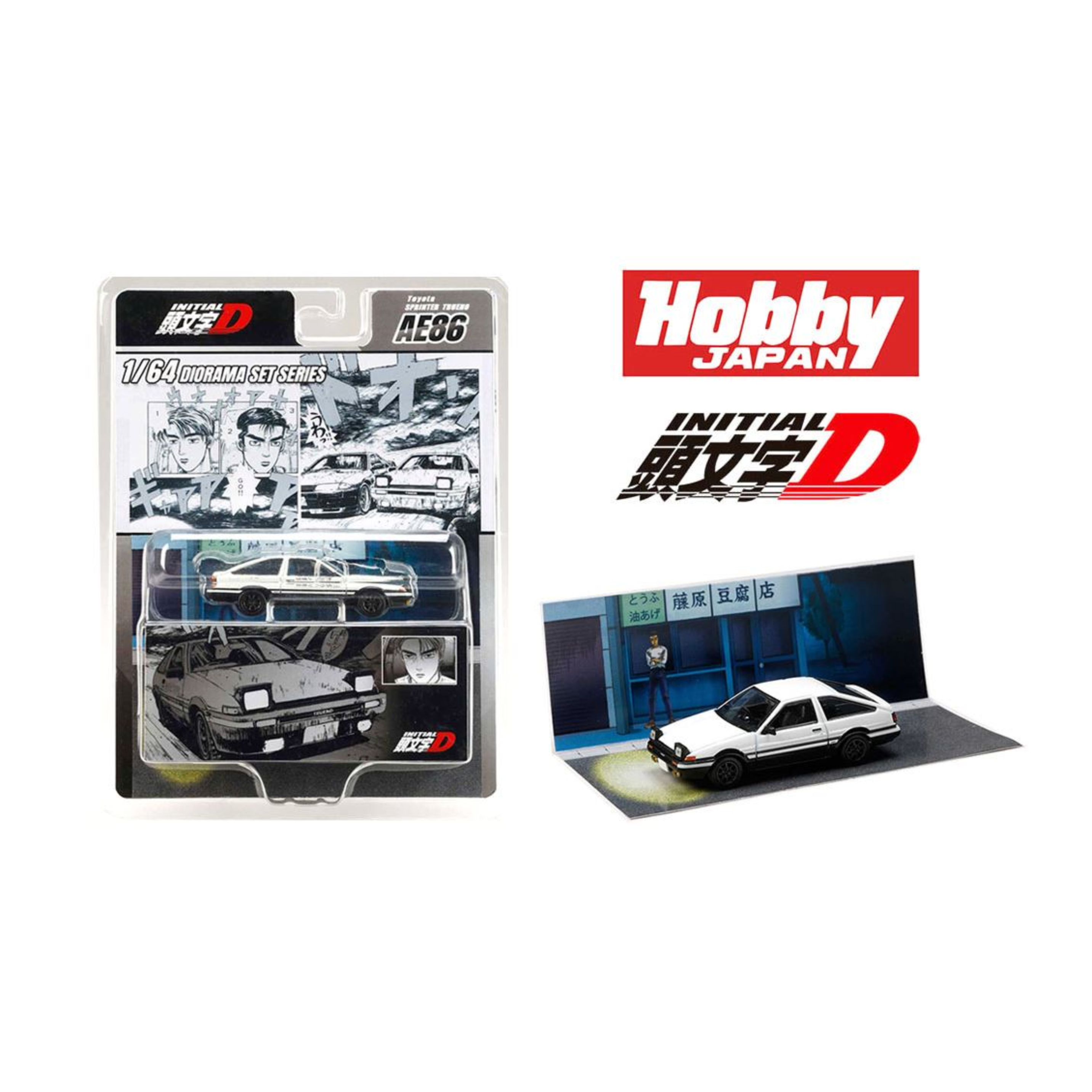 Hobby Japan Initial D Diorama Set Series Toyota SPRINTER TRUENO (AE86)/ INITIAL D Takumi Fujiwara VS Takeshi Nakazato with Collector Card (Preorder)