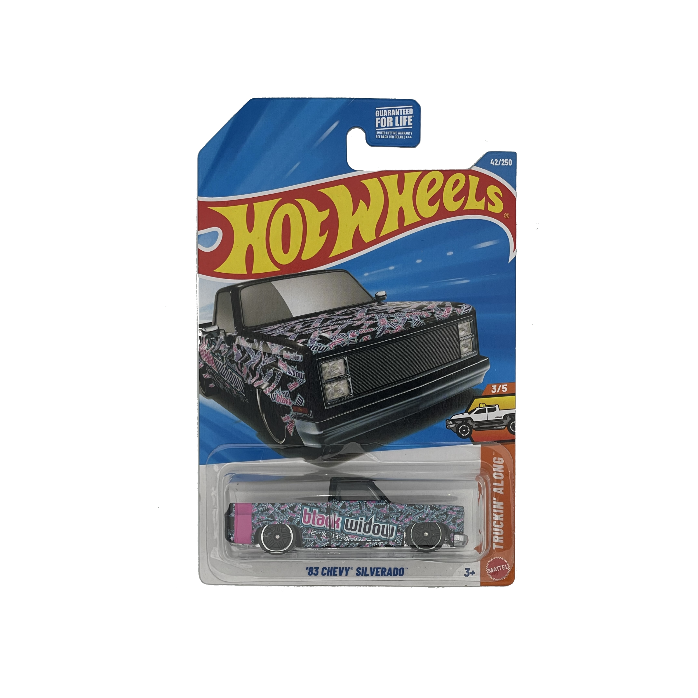 Hot Wheels 83 SIlverado toy car packaging with a truck model on a blue background in blister