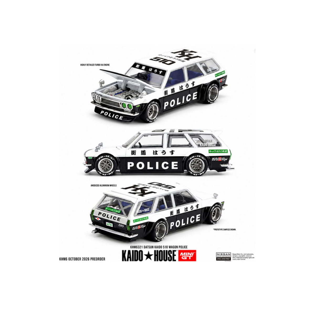 Kaido House x Mini GT Datsun Kaido 510 Wagon Police – Black White Two-Tone (Preorder)