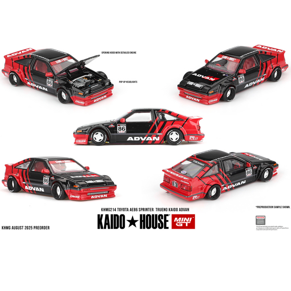 Kaido House x Mini GT Toyota AE86 Sprinter Trueno Kaido ADVAN – Red/Black