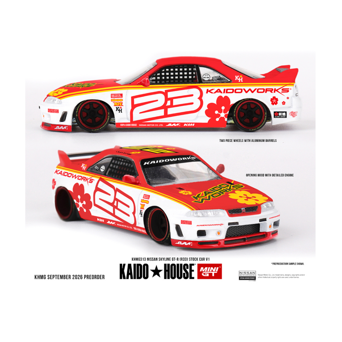Kaido House x Mini GT Nissan Skyline GT-R (R33) Kaido Stock Car V1 – White w/ Red Two-tone (Preorder)