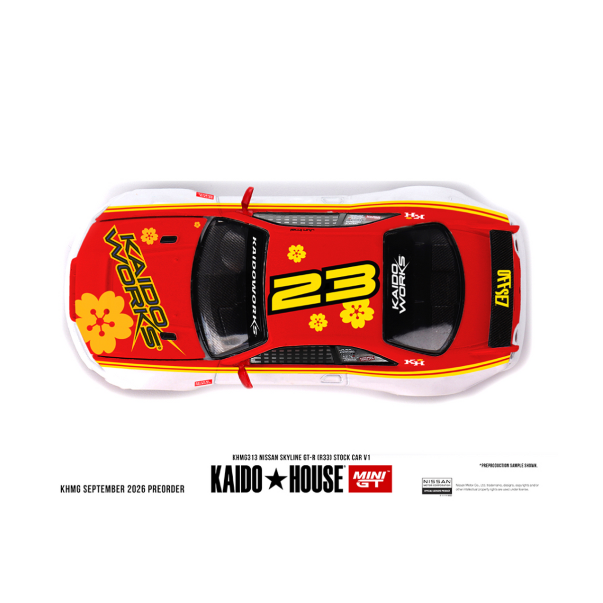 Kaido House x Mini GT Nissan Skyline GT-R (R33) Kaido Stock Car V1 – White w/ Red Two-tone (Preorder)