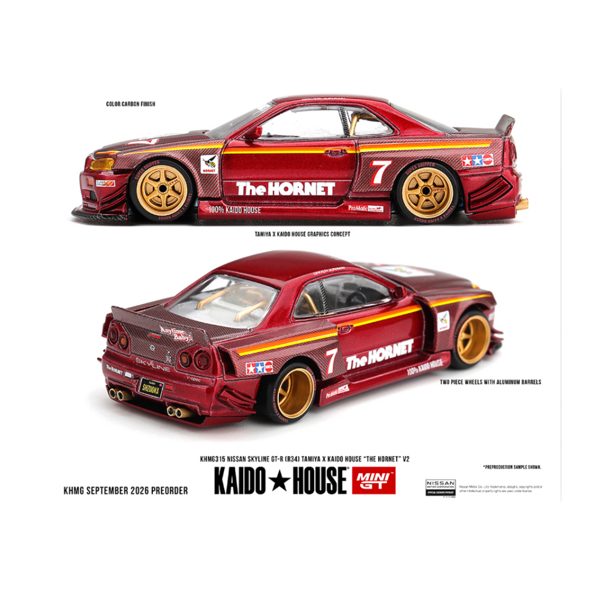 Kaido House x Mini GT Nissan Skyline GT-R (R34) Tamiya x Kaido House “The Hornet” V2 – M. Red Carbon (Preorder)