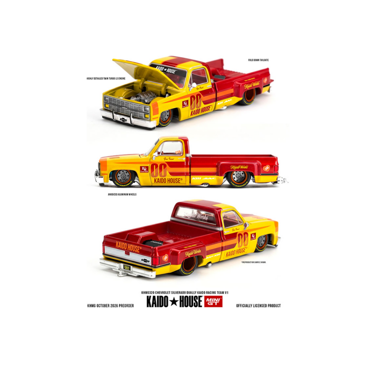Kaido House x Mini GT Chevrolet Silverado Dually Kaido Racing Team V1 – Yellow Red Two- Tone (Preorder)