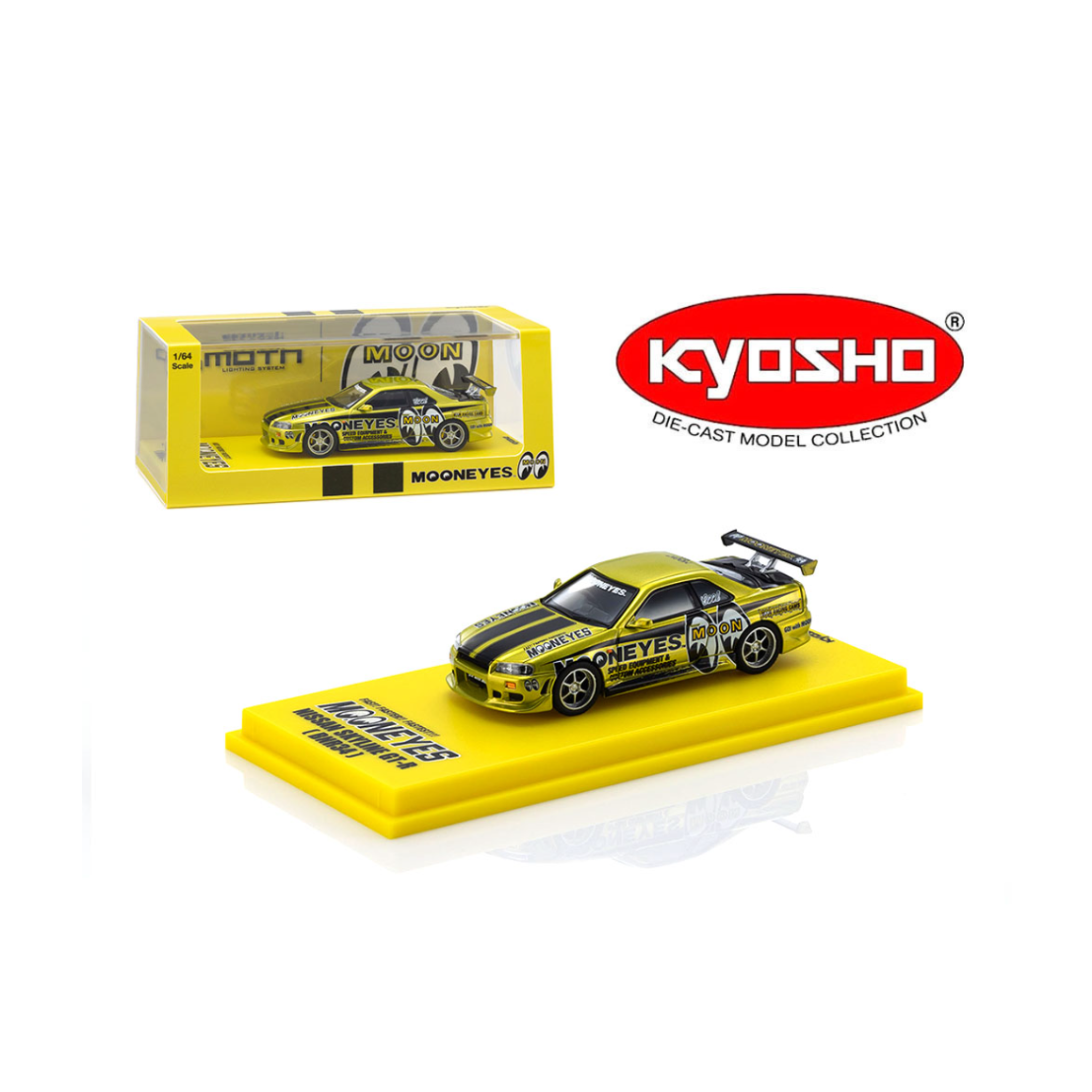 Kyosho Nissan GT-R (R-34) Mooneye’s 1 with MOTN LED Base Compatible -Liquid Yellow (Preorder)