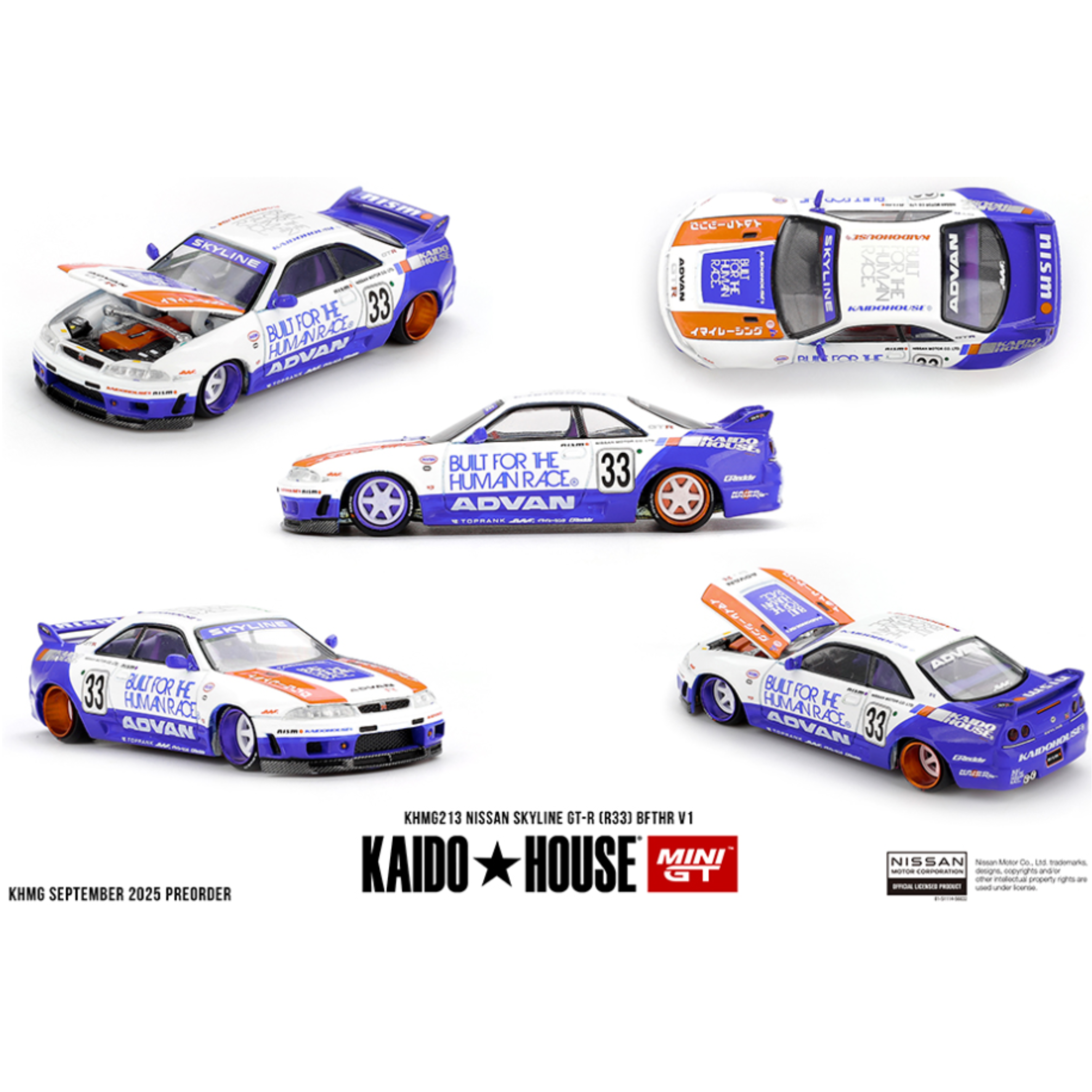 Kaido House x Mini GT Nissan Skyline GT-R (R33) BFTHR V1 – White w/ Blue Two-tone