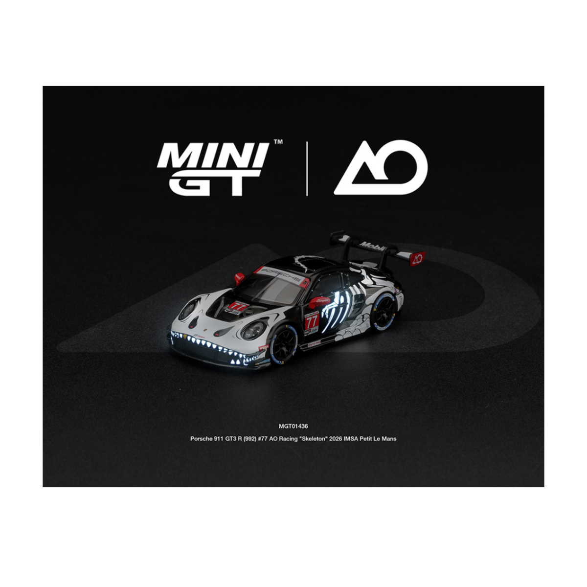 Mini GT Porsche 911 GT3 R (992) #77 AO Racing “Skeleton Rexy” 2026 IMSA Petit Le Mans – (Glow in the Dark) – Limited Edition (Preorder)