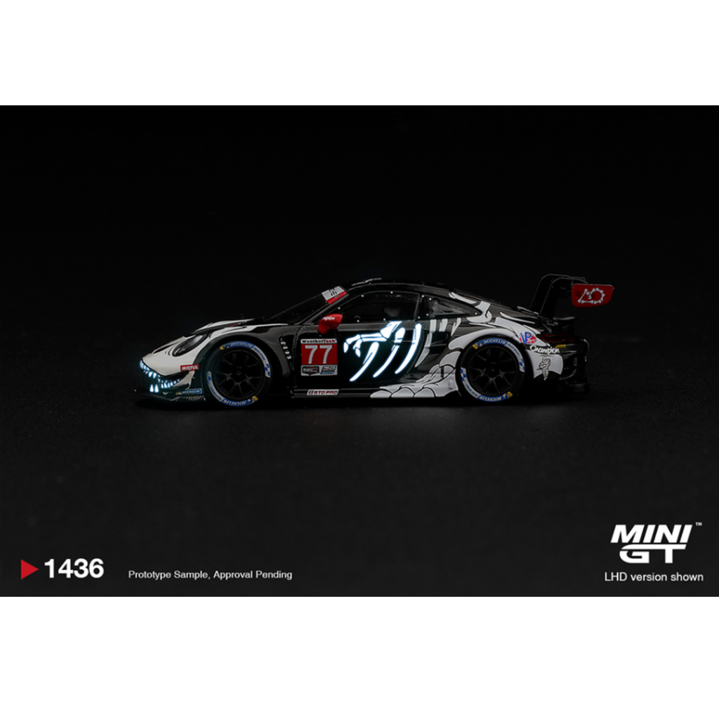 Mini GT Porsche 911 GT3 R (992) #77 AO Racing “Skeleton Rexy” 2026 IMSA Petit Le Mans – (Glow in the Dark) – Limited Edition (Preorder)