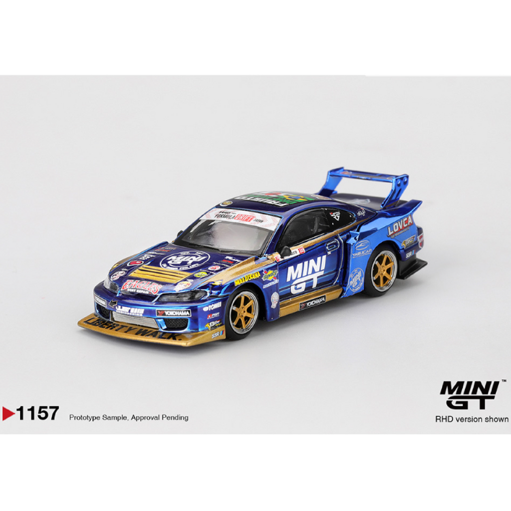 Mini GT Nissan LB-Super Silhouette S15 SILVIA #555 Team MINI GT Liberty Walk 2025 Formula Drift – Chrome Blue