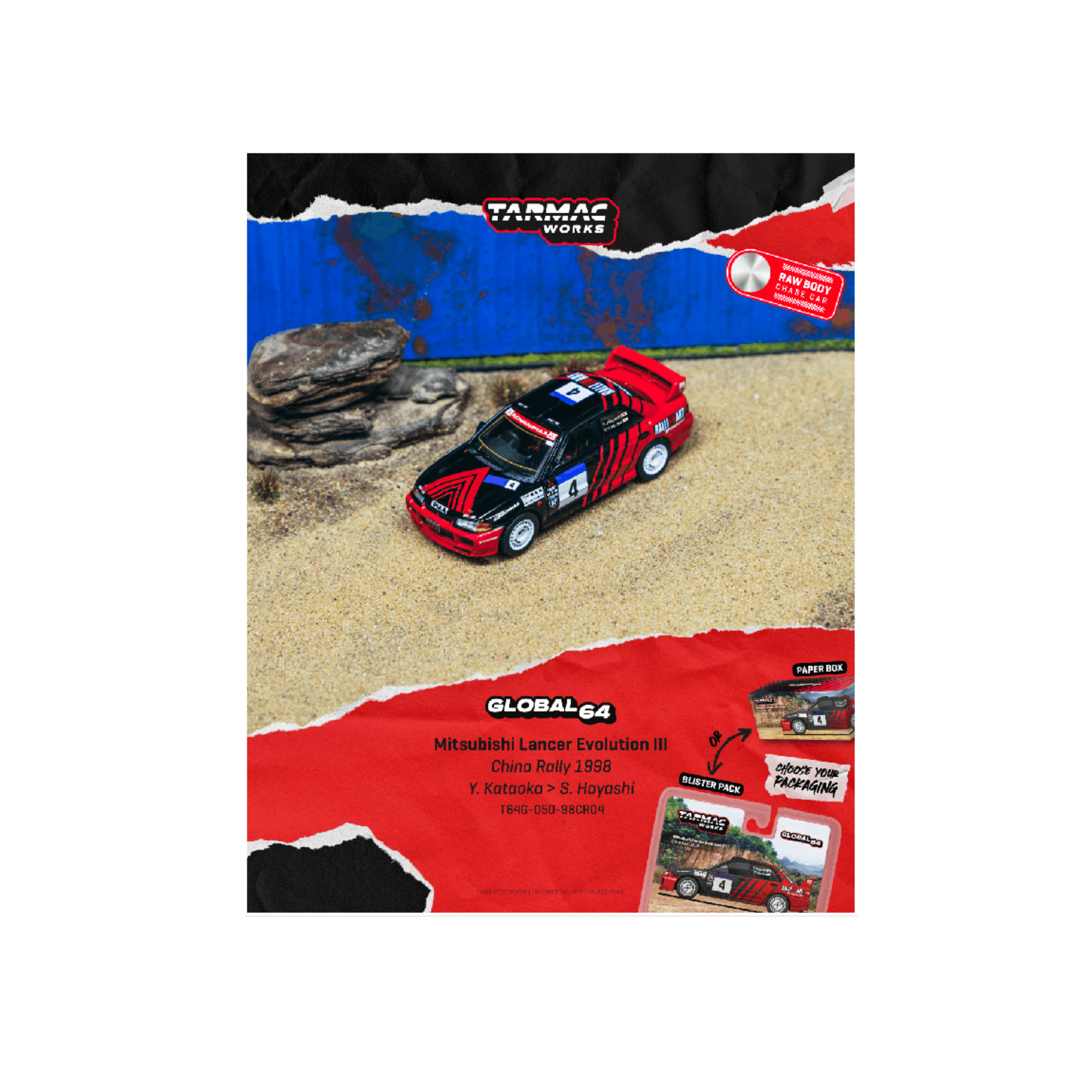 Tarmac Works 1:64 Mitsubishi Lancer Evolution III China Rally 1998 Yoshihiro Kataoka / Satoshi Hayashi – Global64 (Preorder)