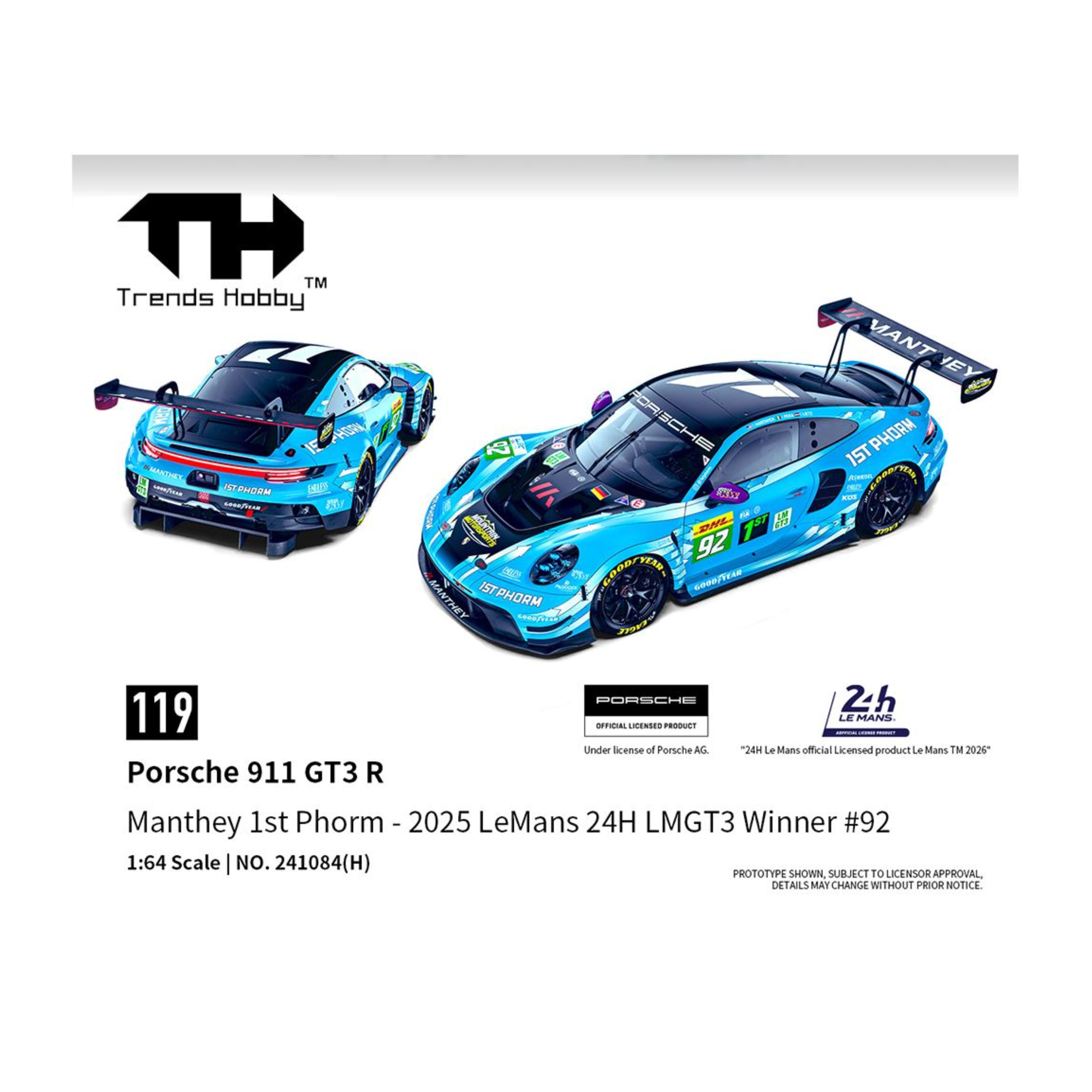 Trends Hobby Porsche 911 GT3 R Manthey 1st Phorm 2025 Le Mans 24 Hrs LMGT3 Winner #92 – Limited Edition (Preorder)
