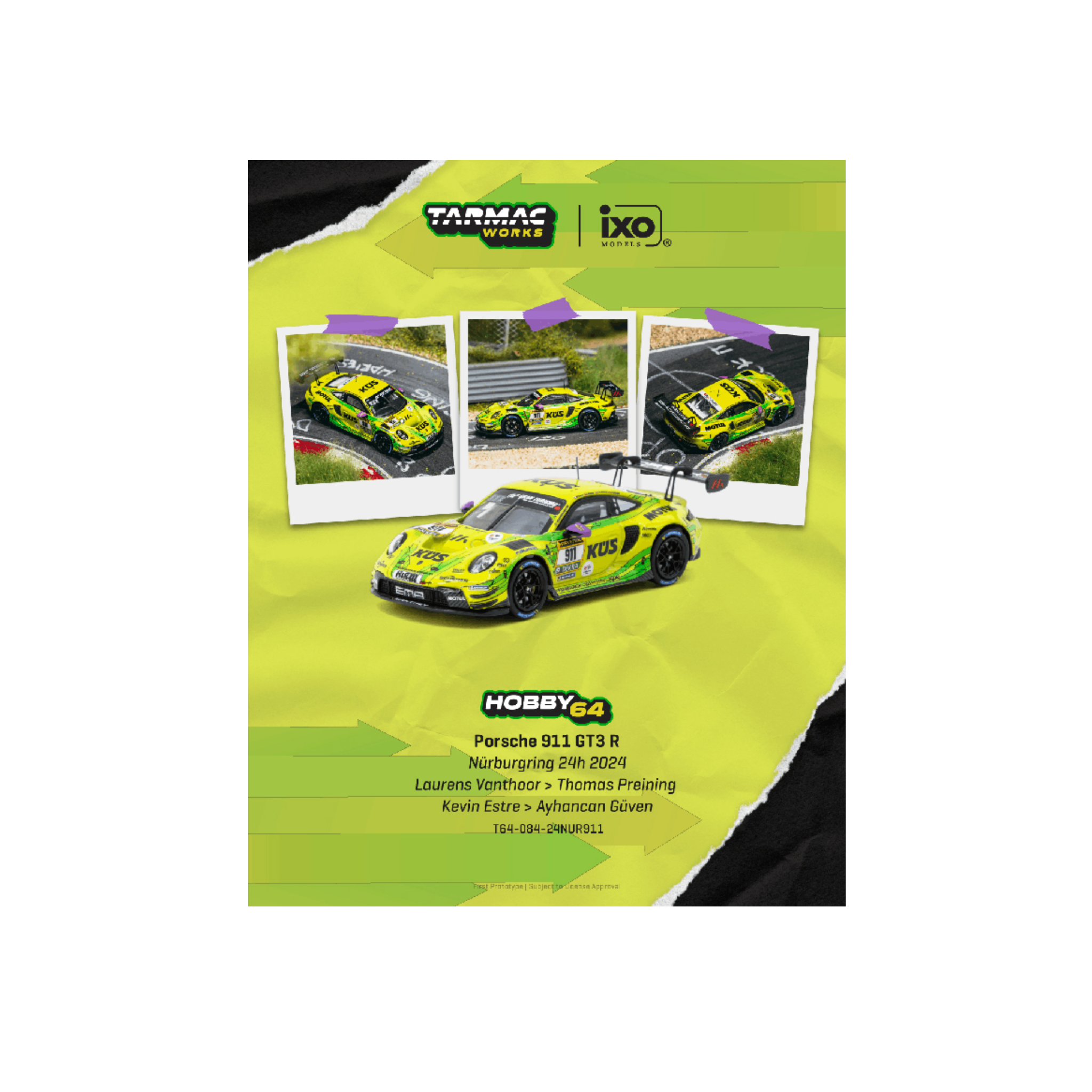 Tarmac Works Porsche 911 GT3 R Nürburgring 24h 2024 Laurens Vanthoor / Thomas Preining / Kevin Estre / Ayhancan Güven – Hobby64 (Preorder)